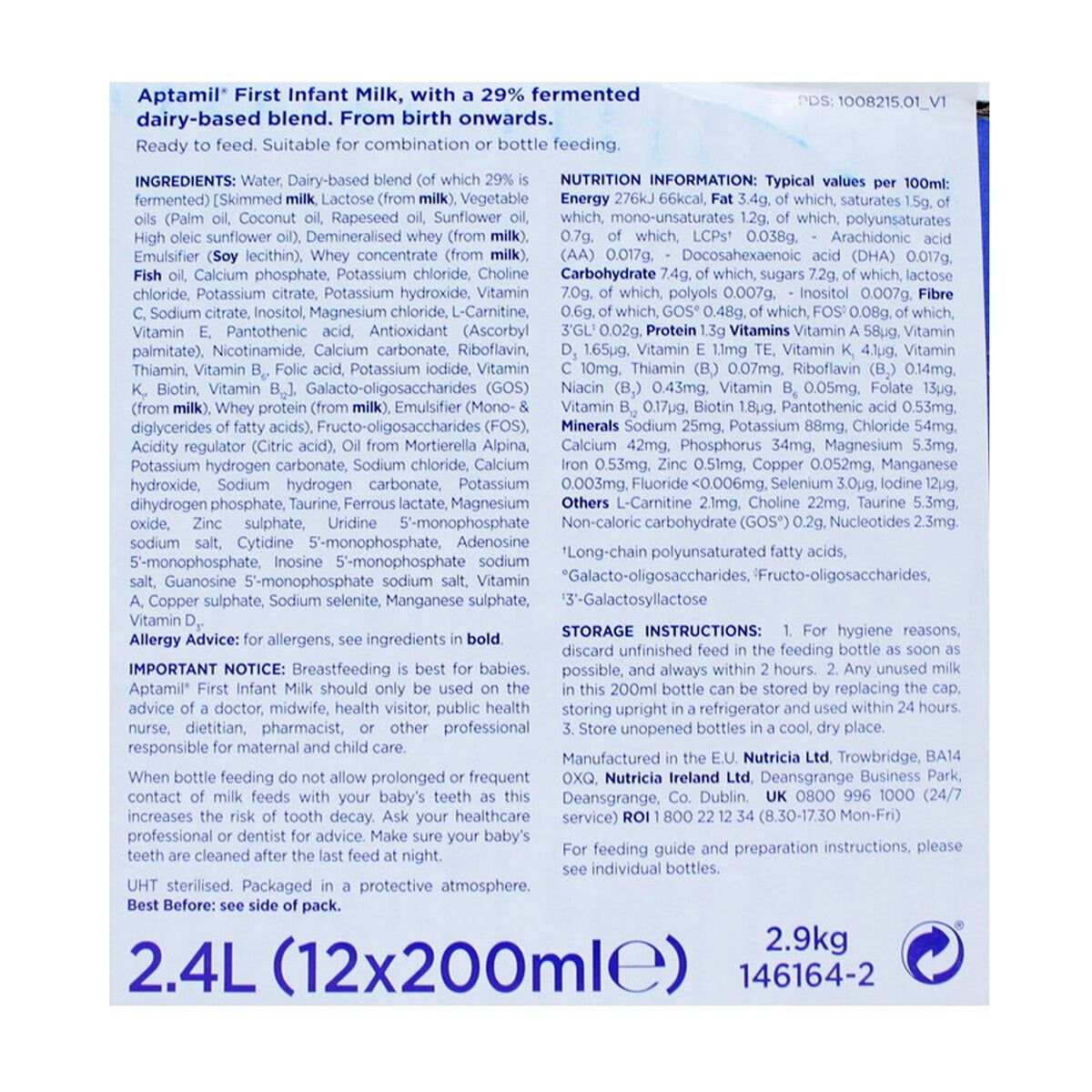 Aptamil Stage 1 Ready to Feed Infant Milk, 12 x 200ml - McGrocer