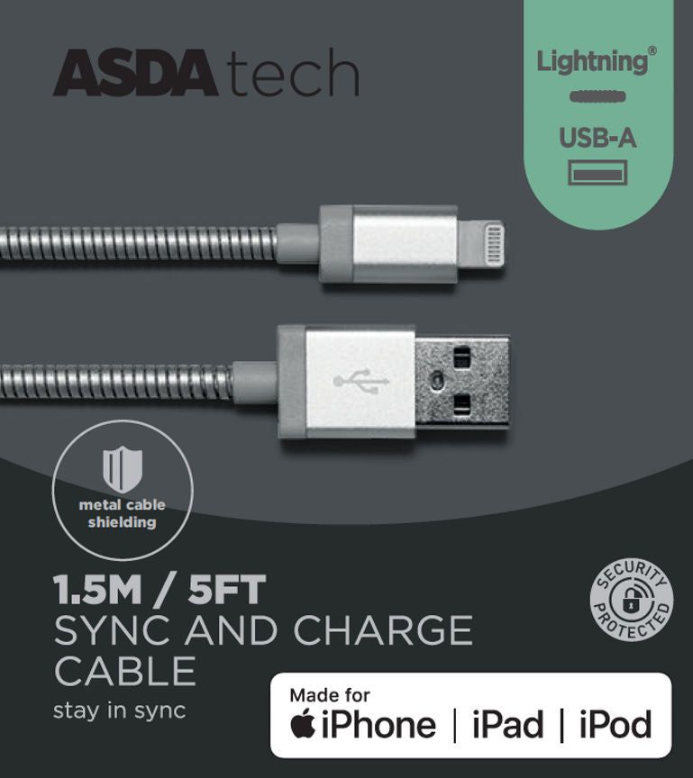 ASDA Tech Lightning Cable - Silver Metal 1.5m - McGrocer