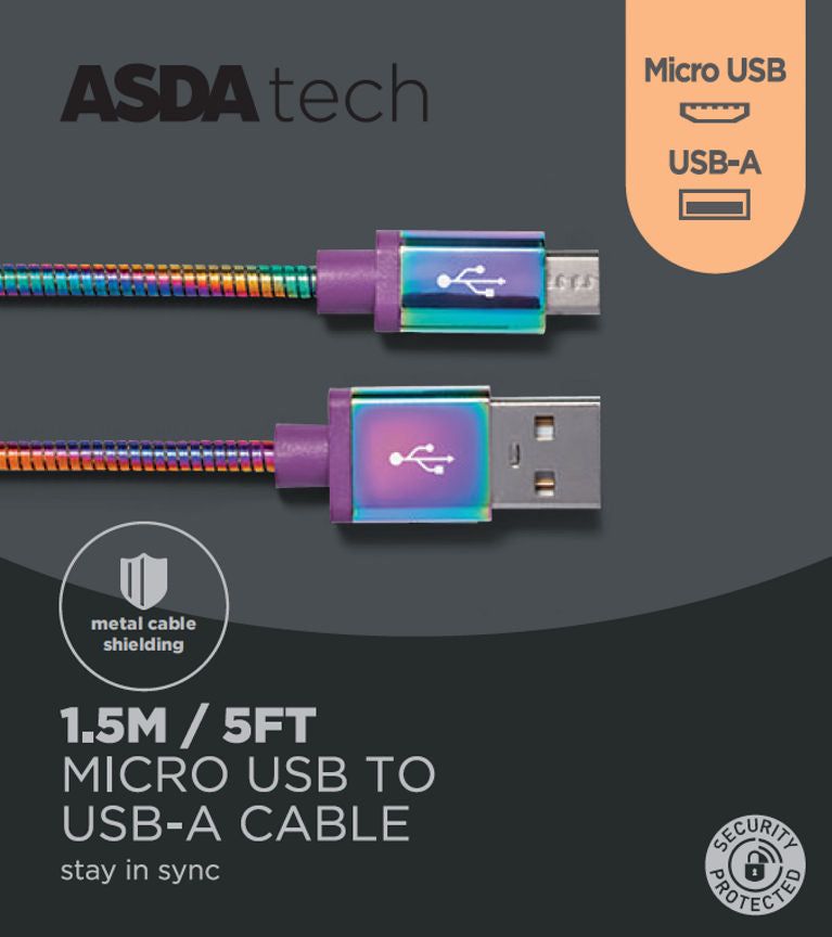 ASDA Tech Micro USB Cable - Iridescent Metal 1.5m - McGrocer