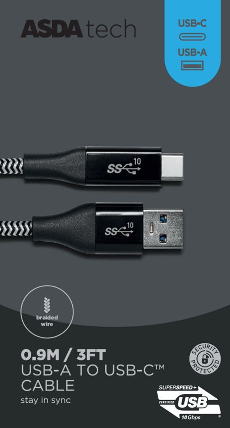 ASDA Tech USB-A to USB-C Cable - Black 0.9m - McGrocer