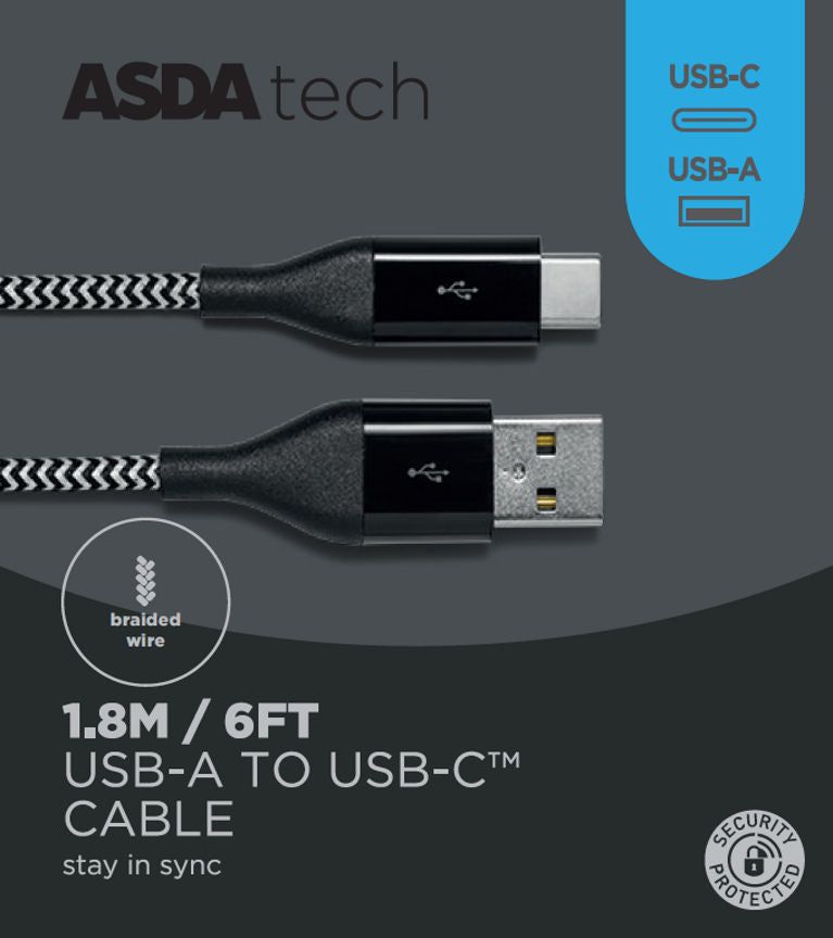 ASDA Tech USB-A to USB-C Cable - Black 1.8m - McGrocer