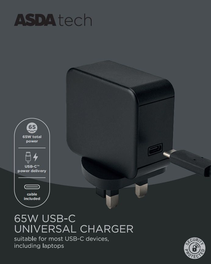 ASDA Tech USB Type C Mains Charger - 65W - McGrocer
