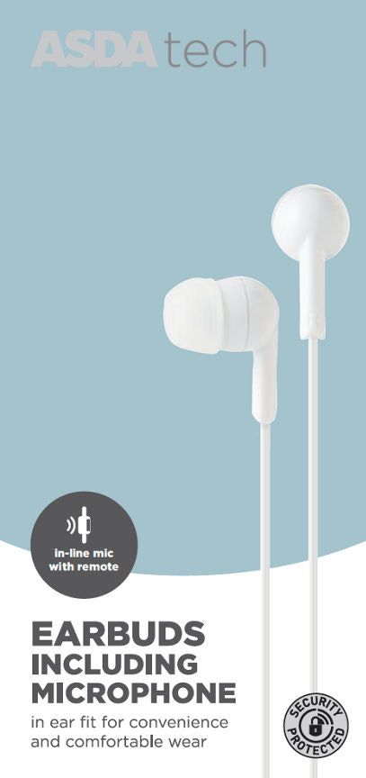 ASDA Tech Wired Earbuds with Mic - White - McGrocer