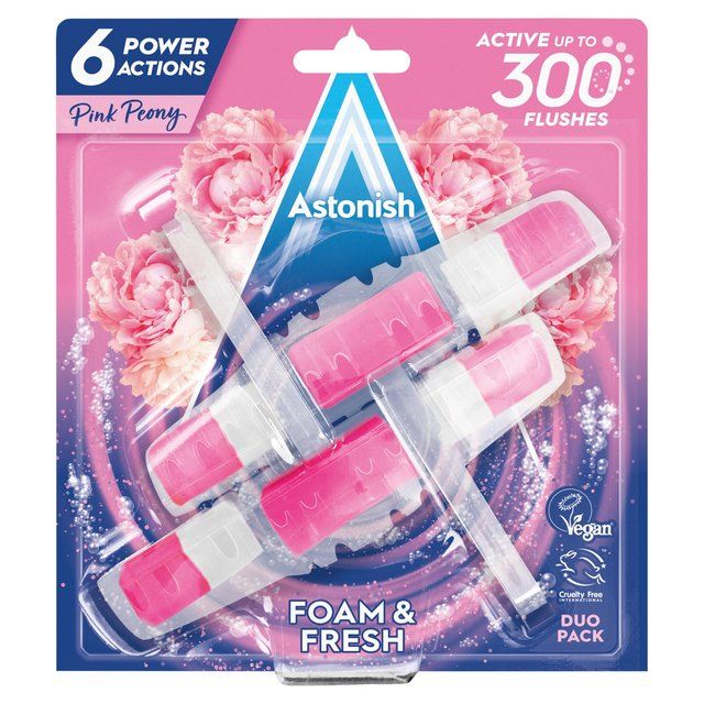 Astonish Foam and Fresh Twin Pack Toilet Rim Block Pink Peony   2 x 40g - McGrocer