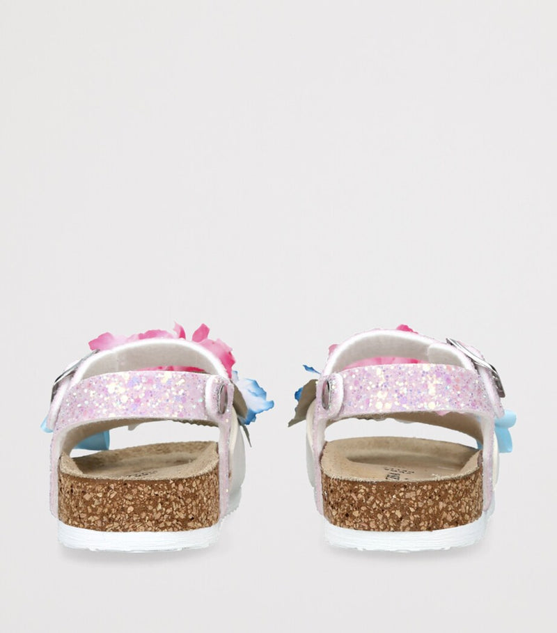 Monnalisa floral appliqué sandals for children with cork sole, imported from the UK