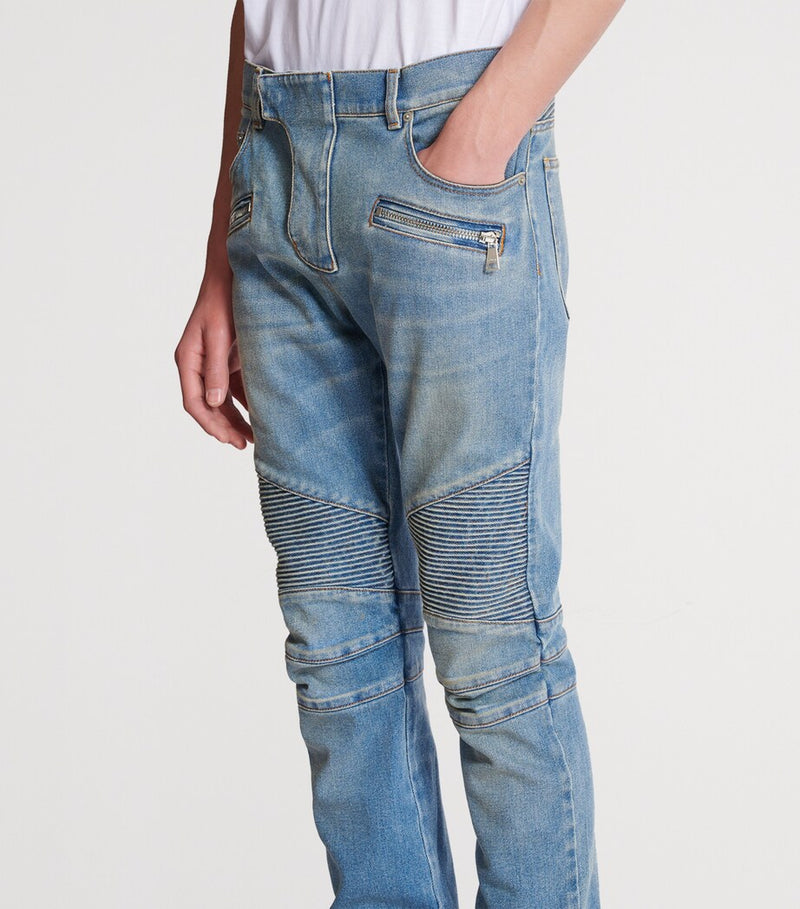 Slim Fit Light Wash Biker Jeans with Zip Fly and Ankle Zips