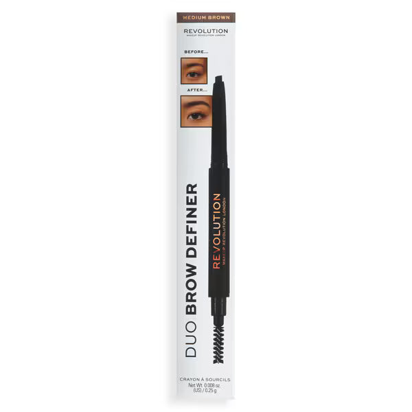 Revolution Duo Brow Definer Pencil Medium Brown, imported from the UK
