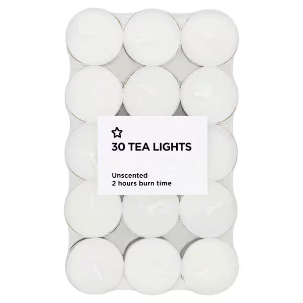 Superdrug un-fragranced tea light candles 30 pack (British brand)