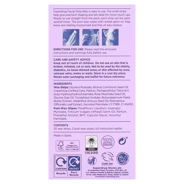 Superdrug Sensitive Facial Wax Strips x20 (British brand)