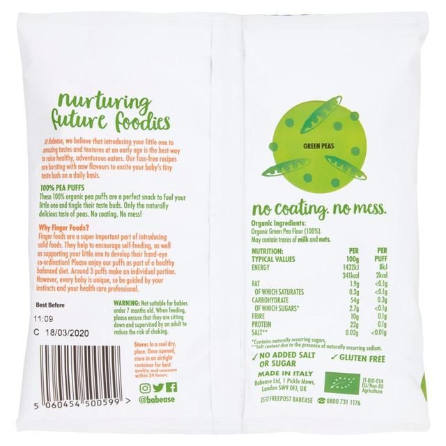 Babease Organic Baby Snack Pea Puffs 7 mths+   20g - McGrocer