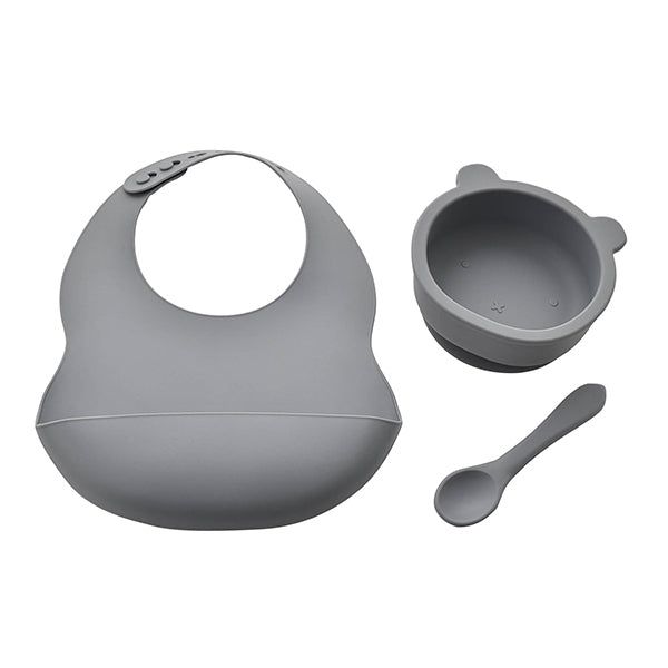 Bambino Silicone Feeding Set Bib, Bowl & Spoon Blue/Grey - McGrocer