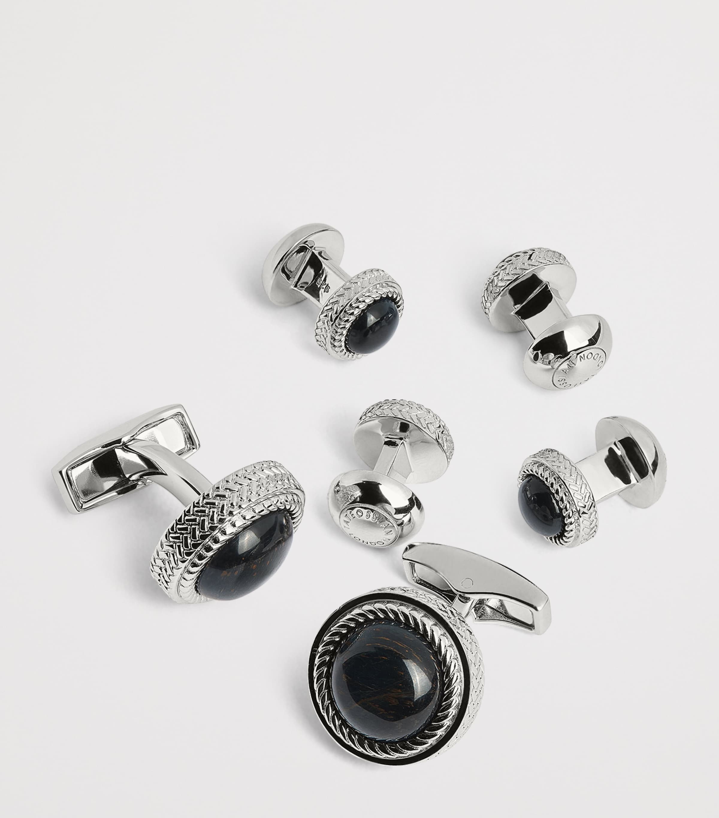 Tateossian sterling silver and onyx herringbone cufflinks and studs set (British brand)
