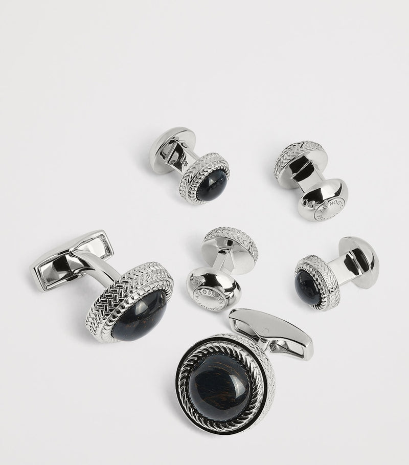 Tateossian sterling silver and onyx herringbone cufflinks and studs set (British brand)