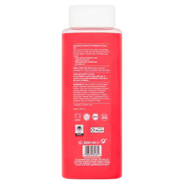 Superdrug Fruity Strawberry and Raspberry Shower Gel 500ml (British brand)