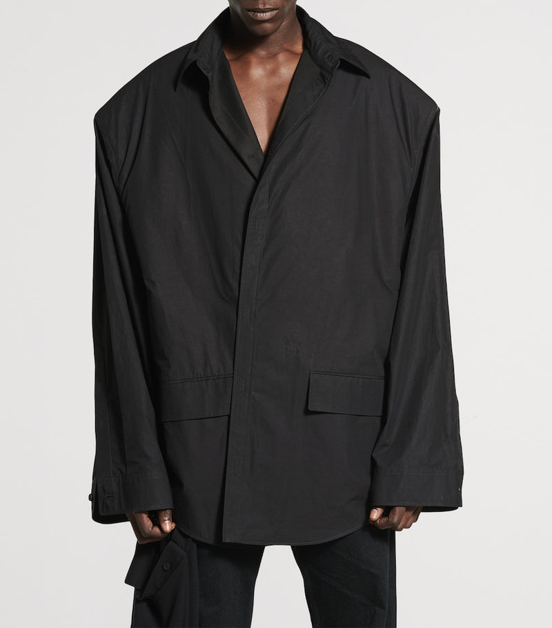 Oversized Cotton Blazer with Spread Collar and Button Fastening
