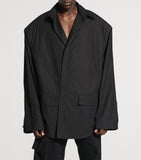 Oversized Cotton Blazer with Spread Collar and Button Fastening