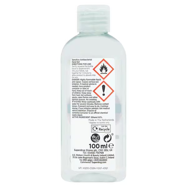 Superdrug Sensitive Antibacterial Hand Sanitizer Gel 100ml (British brand)
