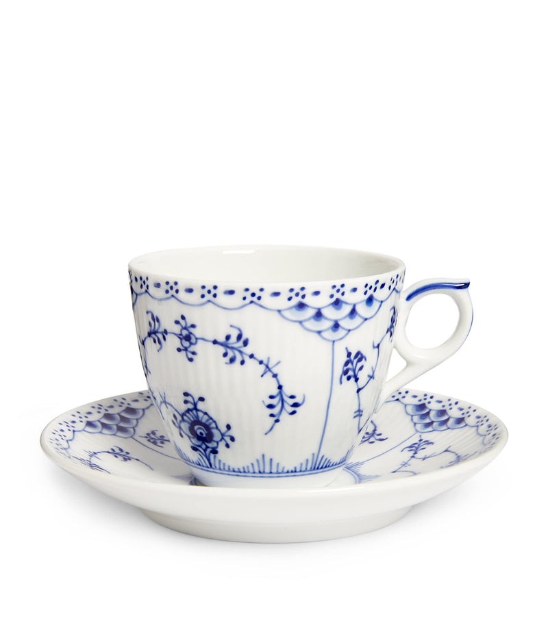 Royal Copenhagen Blue Fluted Half Lace porcelain teacup and saucer, imported from the UK