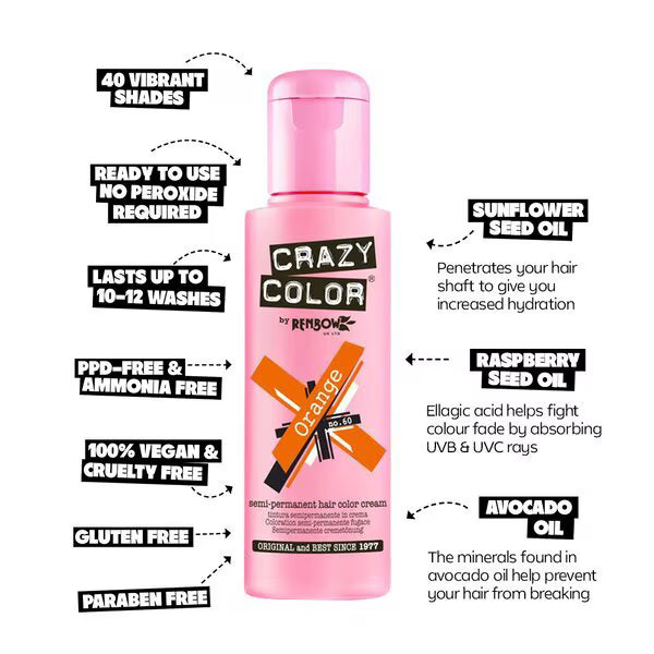 Crazy Color semi permanent hair color cream Orange 60 - British product