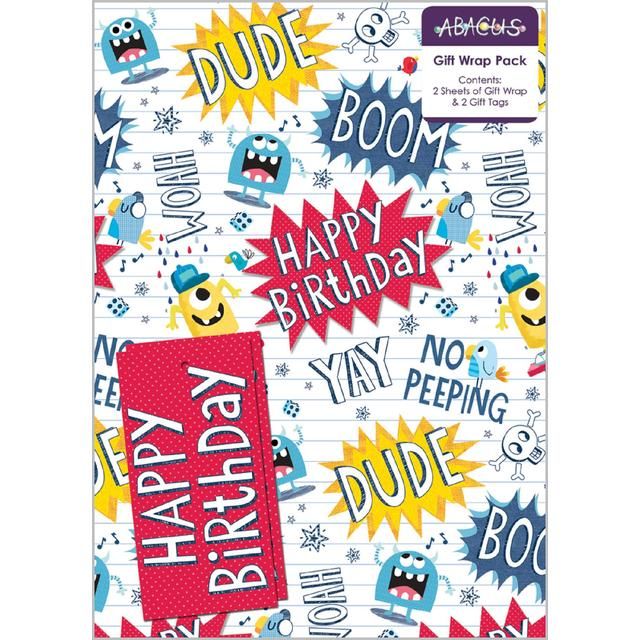 Birthday Monsters Gift Wrap Sheets & Tags   2 per pack - McGrocer