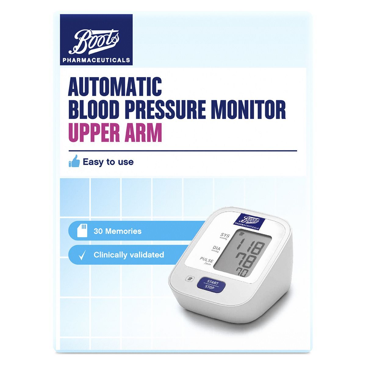 Boots Pharmaceuticals Blood Pressure Monitor - Upper Arm Unit 30 Memories - McGrocer