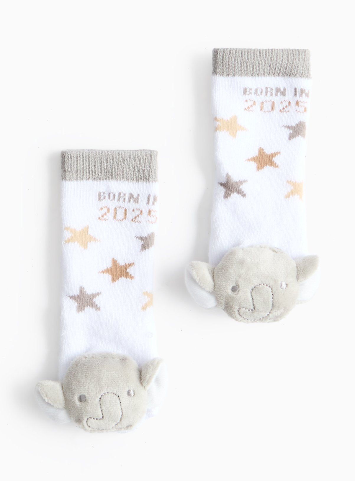Born In 2025 Slogan Elephant Rattle Socks 1-6 months - McGrocer
