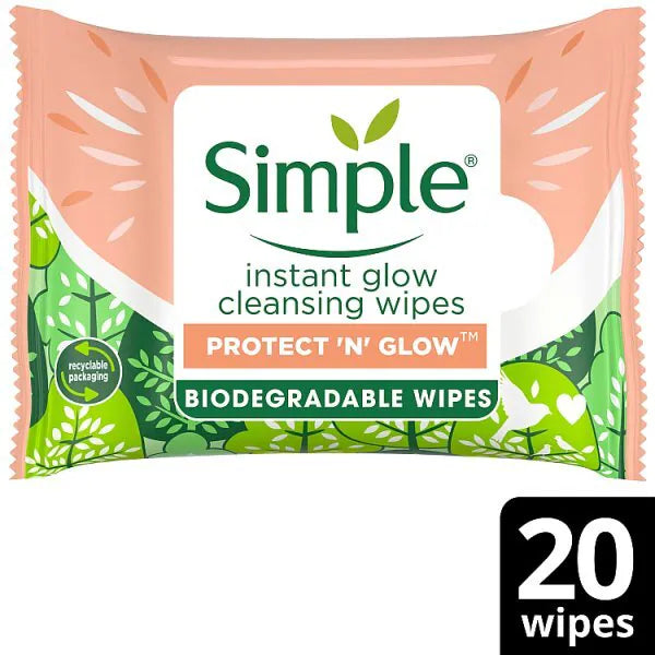 Simple Protect N Glow biodegradable face wipes instant glow pack of 20 (British brand)
