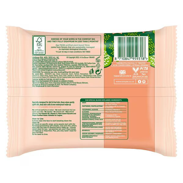 Simple Protect N Glow biodegradable face wipes instant glow pack of 20 (British brand)