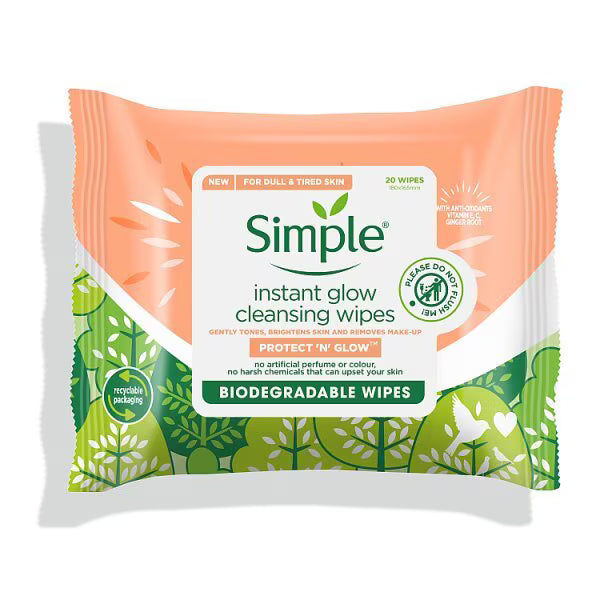 Simple Protect N Glow biodegradable face wipes instant glow pack of 20 (British brand)