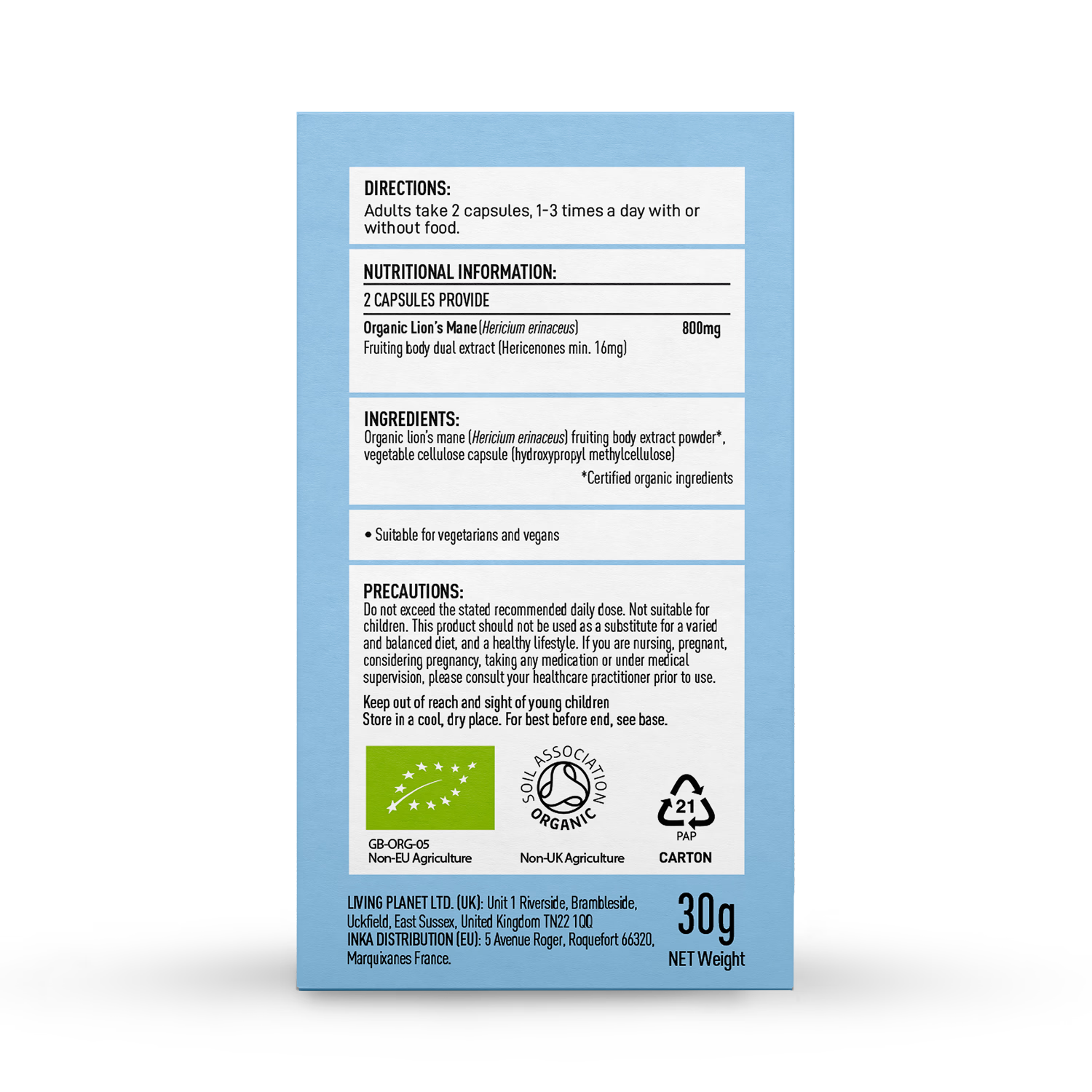 Mushrooms For Life Organic Lion's Mane 60 Capsules, imported from the UK