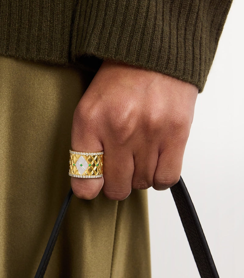 L'ATELIER NAWBAR Large Yellow Gold, Diamond, Emerald and Pearl Bond Street Ring (Size 53)