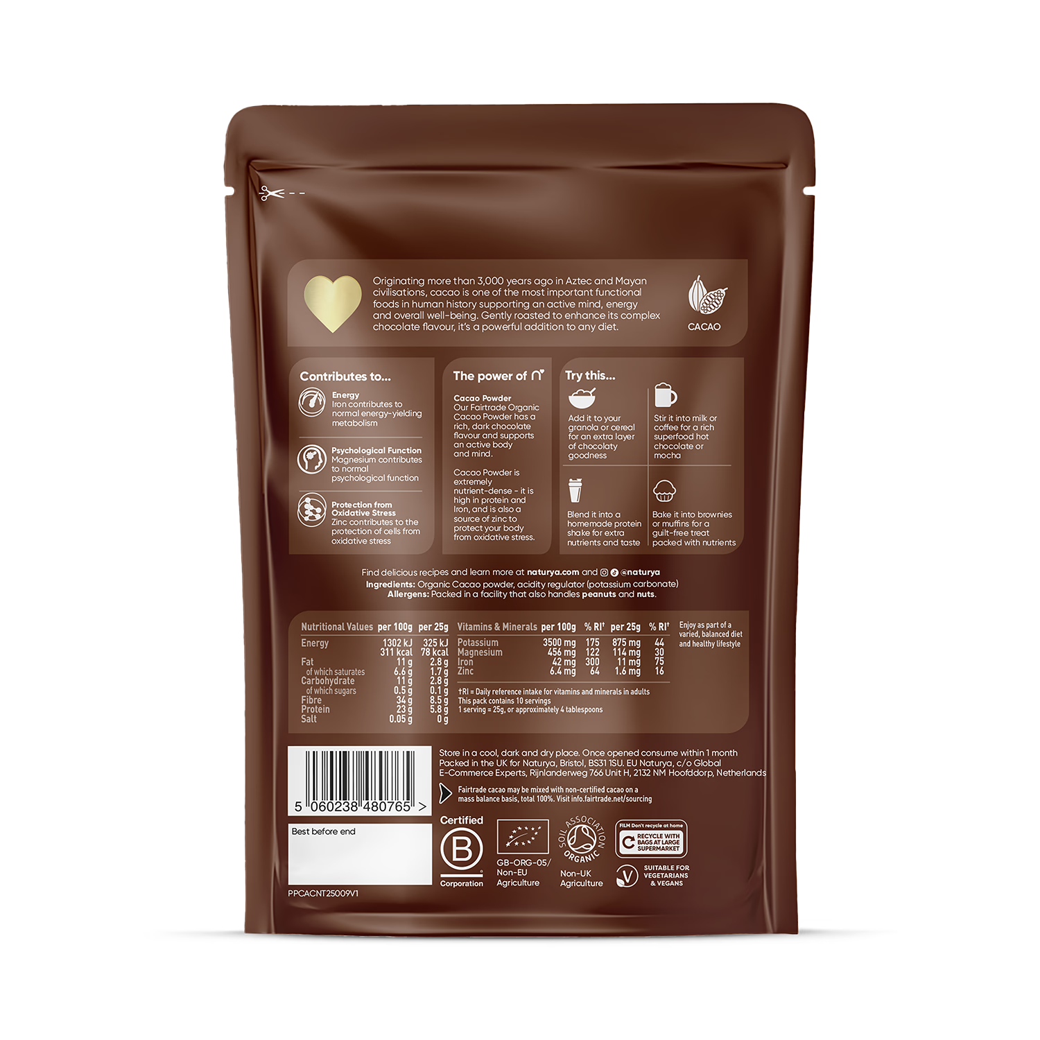 Naturya Organic Cacao Powder chocolate 250g, UK version