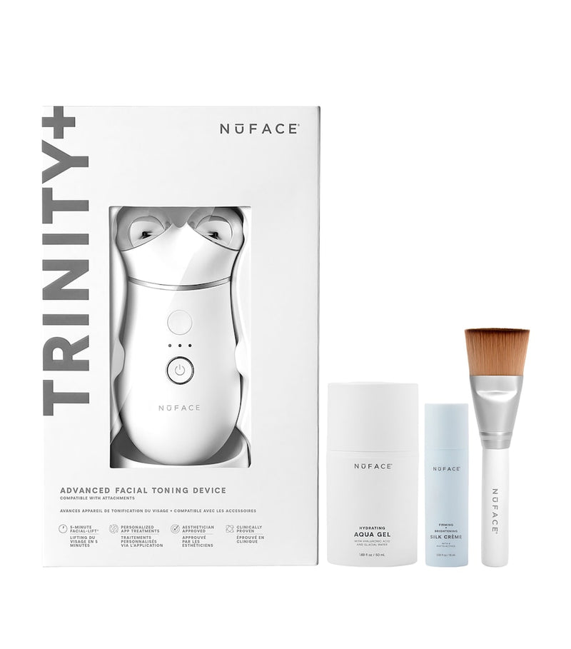 Nuface Trinity+ Starter Kit facial toning device with attachments and serums, imported from the UK