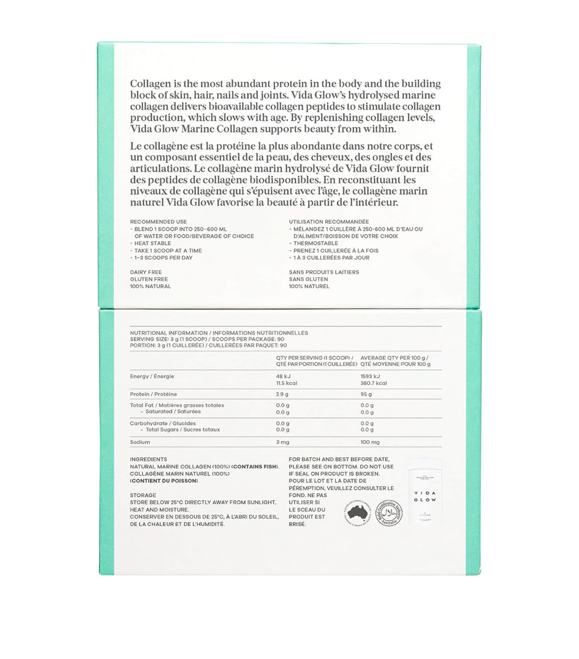 Vida Glow Natural Marine Collagen supplement 3 x 90g (British brand)