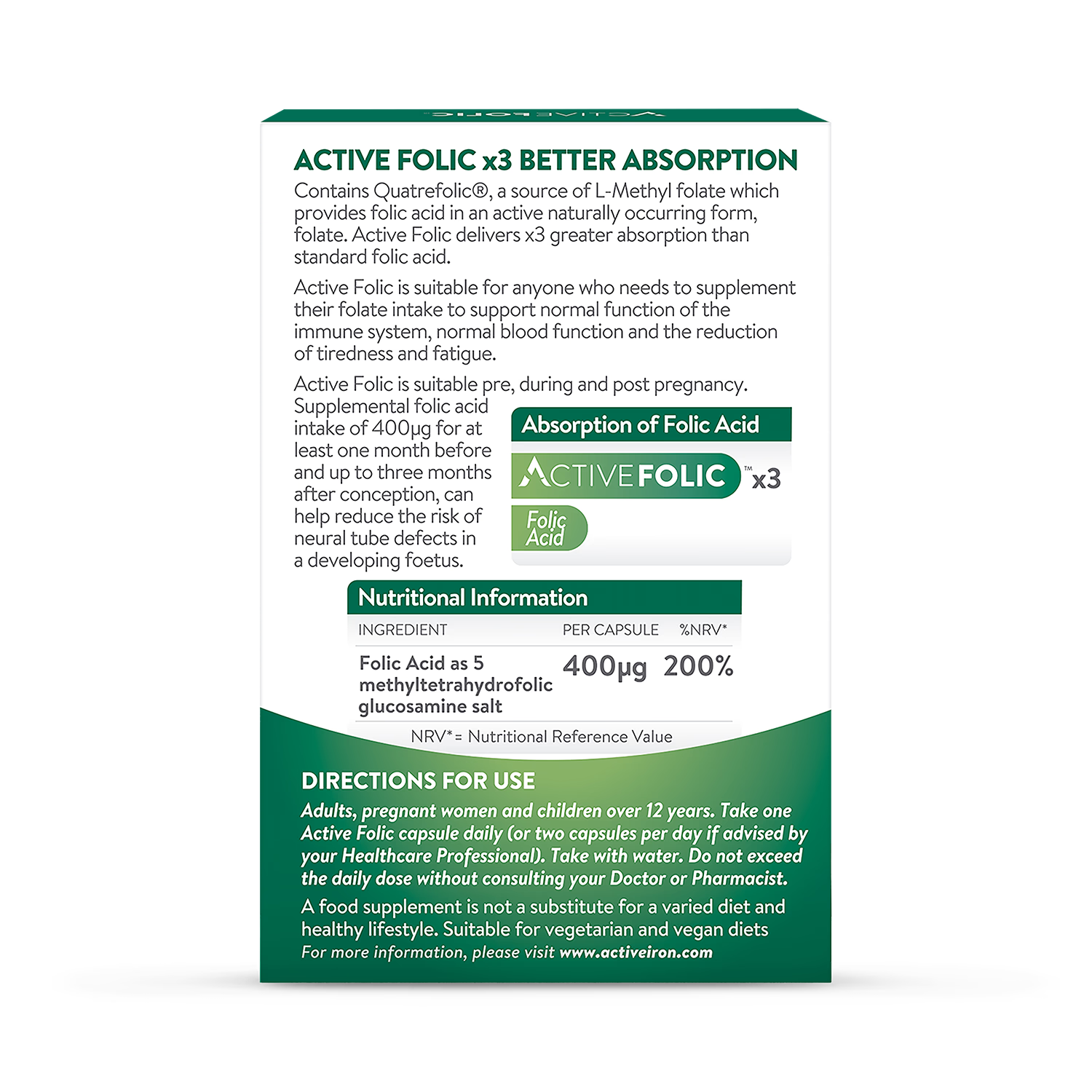 Active Folic supplement 400mcg 60 Capsules - British product