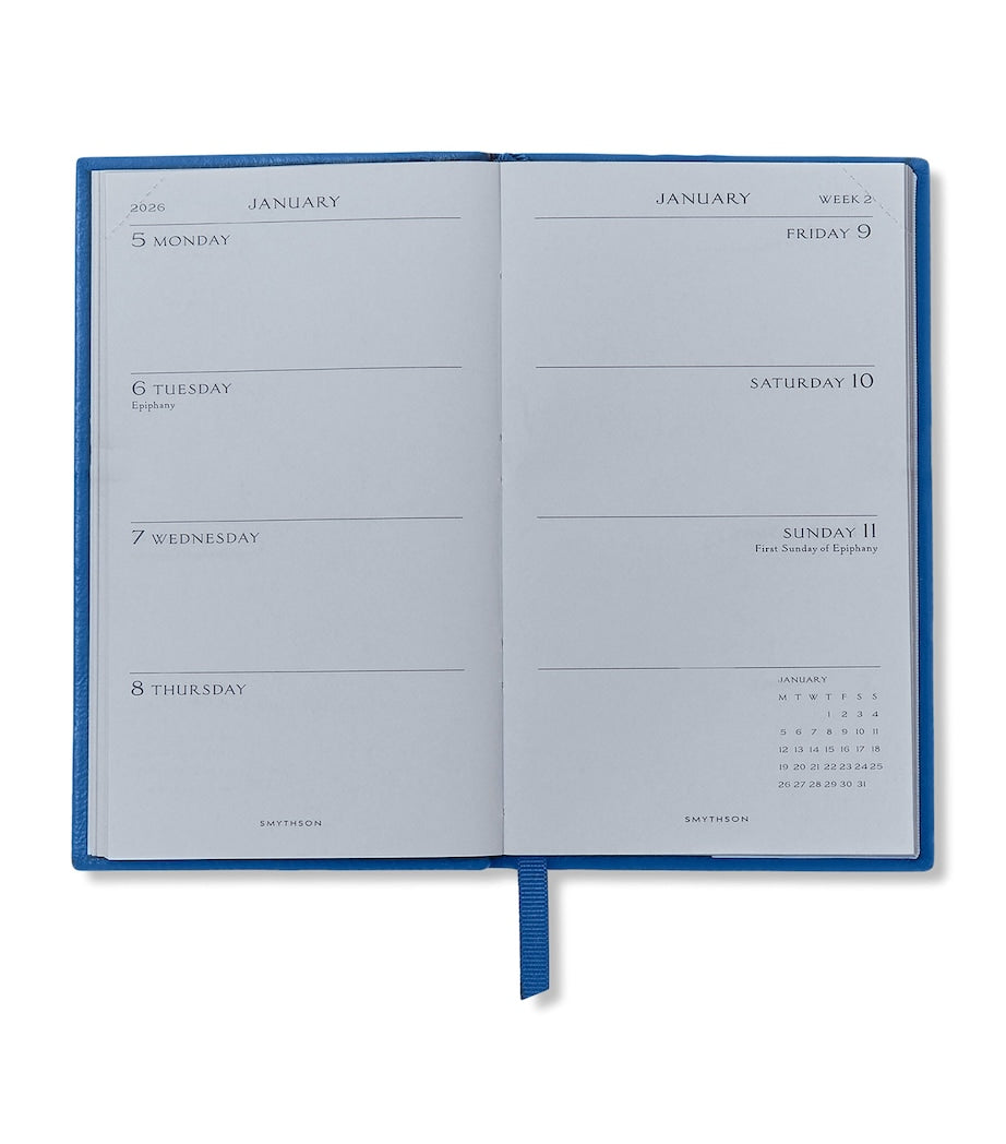 Smythson Panama leather weekly diary 2026 with approx. H14cm x W9cm size (British brand)