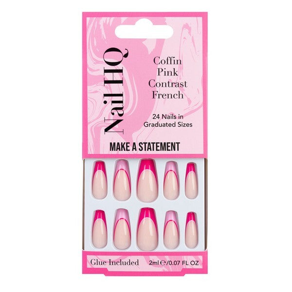 Nail HQ coffin pink contrast french nails 24 pieces, imported from the UK