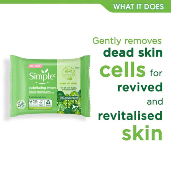 Simple biodegradable exfoliating face wipes 20 count (British brand)