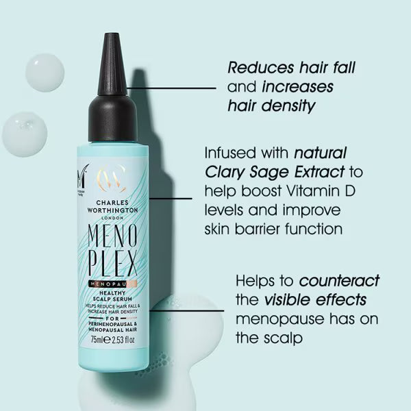 Menoplex menopause healthy scalp serum bottle, imported from the UK