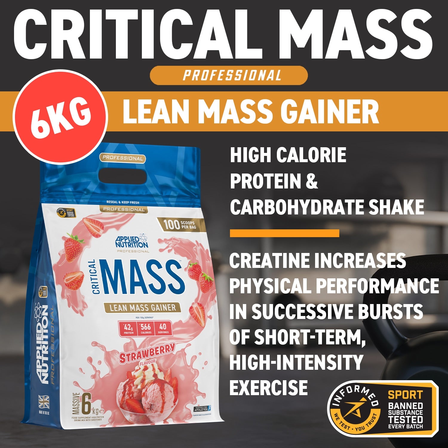 Applied Nutrition Critical Mass Professional Lean Mass Gainer Strawberry 2.4kg (16 Servings) - 999294