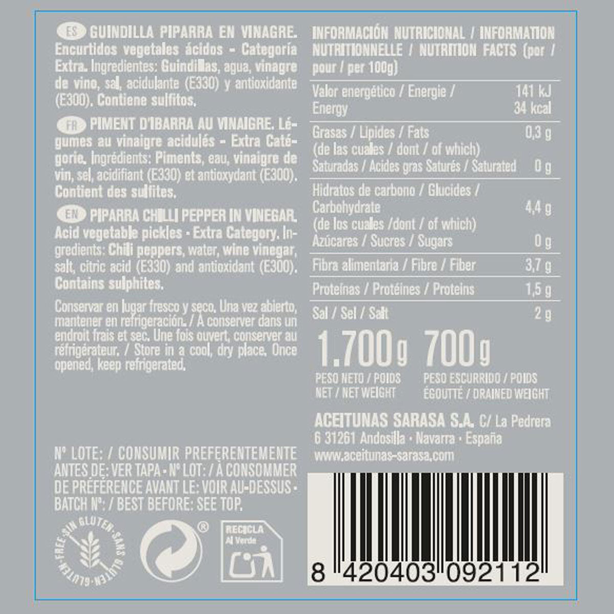 Sarasa Guindilla Piparra Peppers, 1.7kg - McGrocer