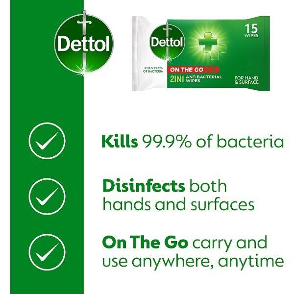 Dettol On the Go Hands and Surface Antibacterial Wipes 15s