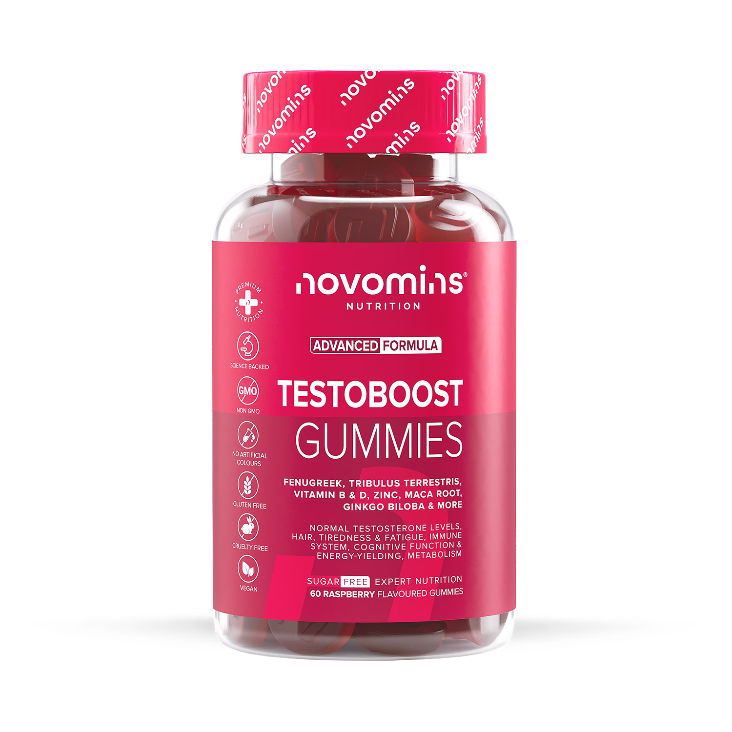 Novomins men's supplement gummies raspberry flavour 60 count, imported from the UK