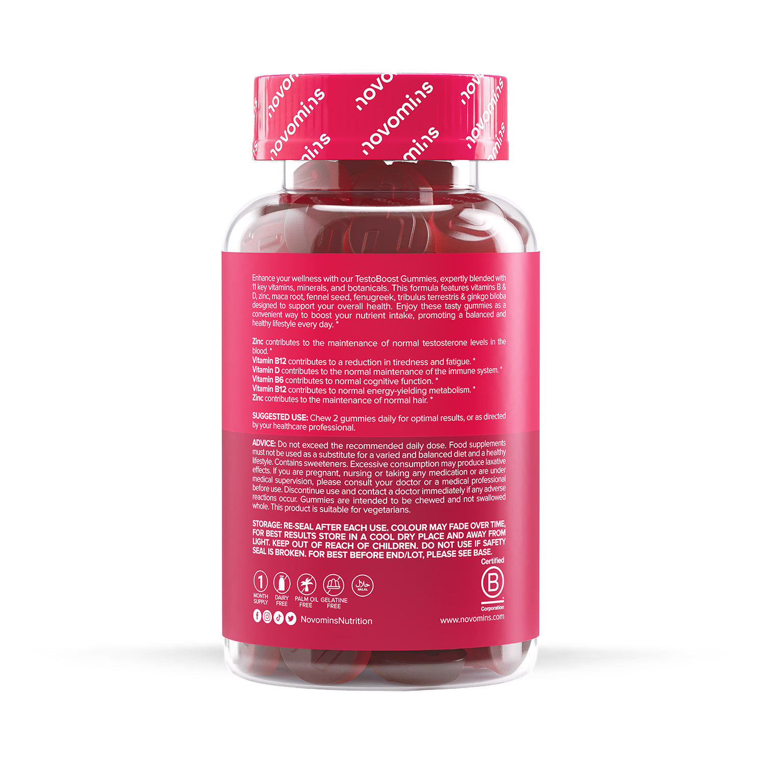 Novomins men's supplement gummies raspberry flavour 60 count, imported from the UK