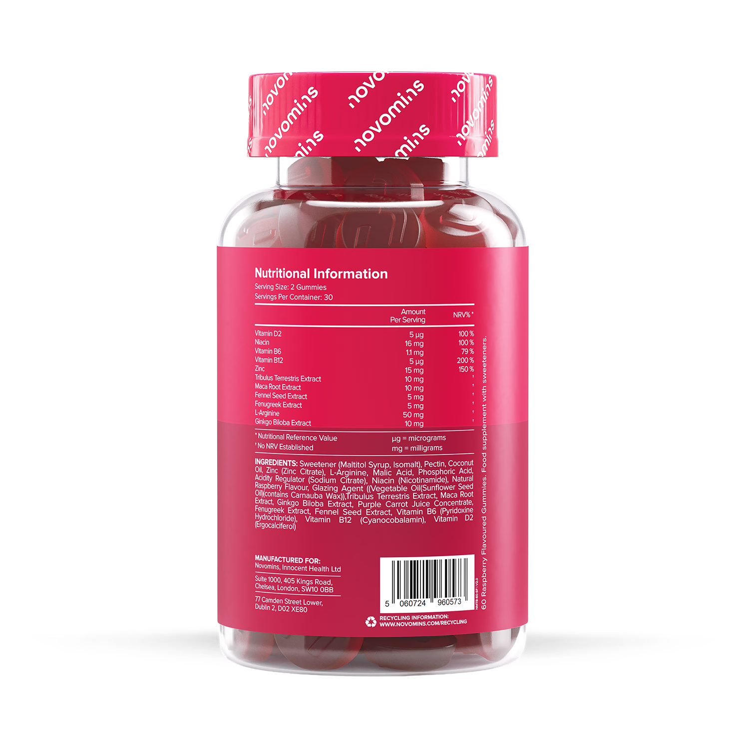 Novomins men's supplement gummies raspberry flavour 60 count, imported from the UK