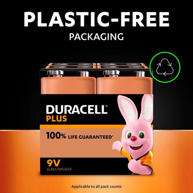 Duracell Plus 100% 9V Alkaline Batteries   2 per pack