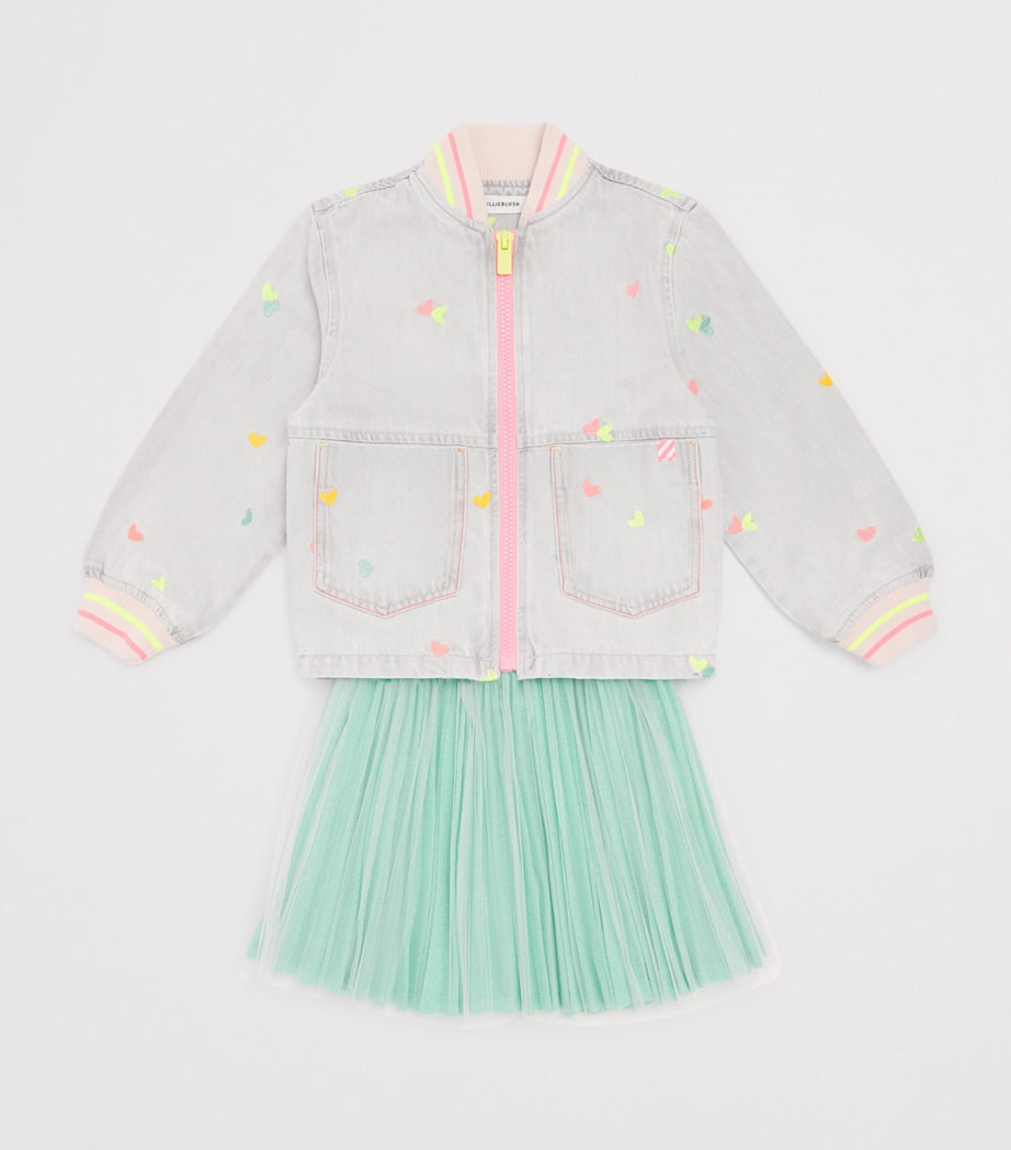 Billieblush denim embroidered jacket with hearts and neon trim for children ages 2-10 years - British product