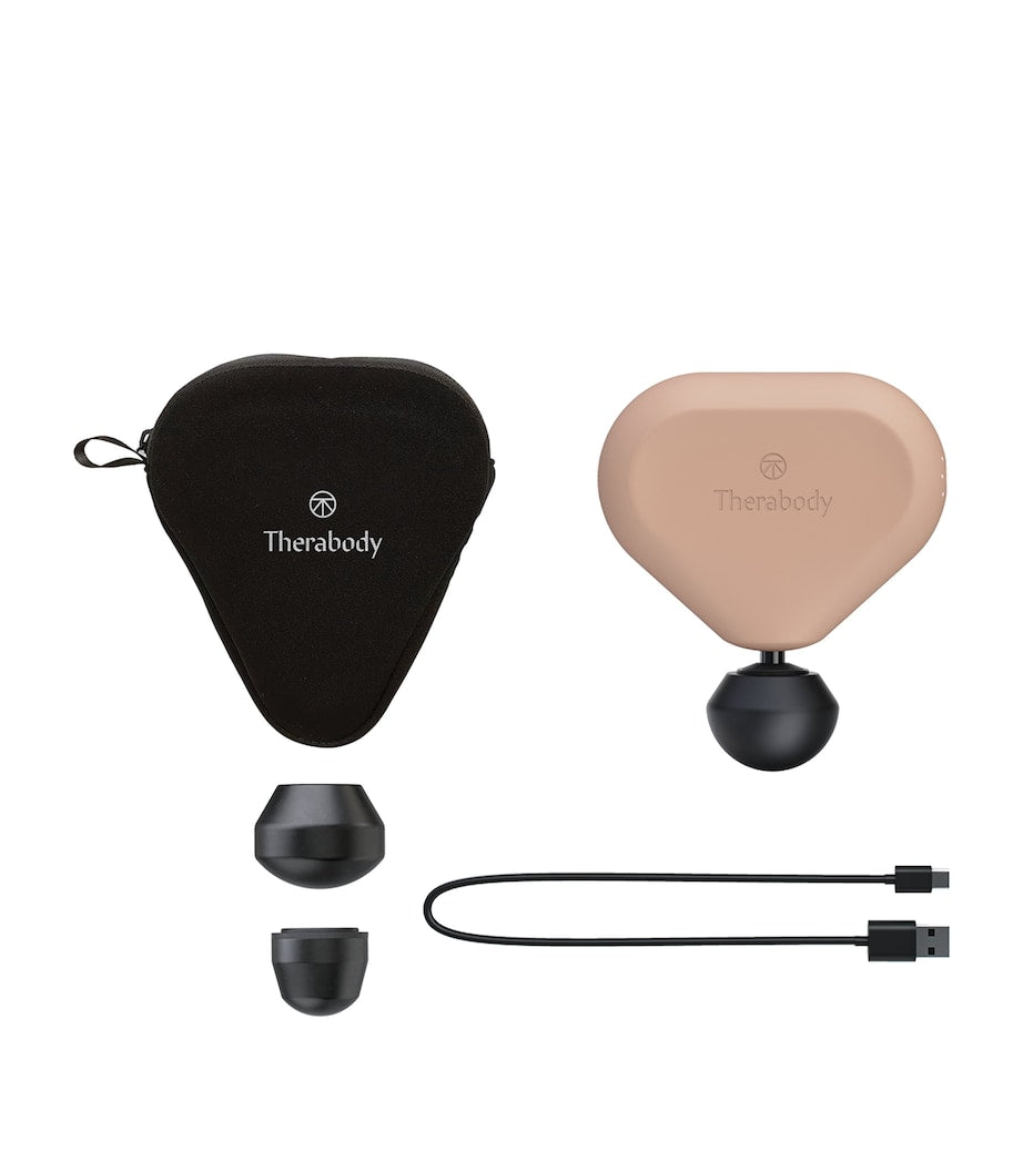 Therabody Mini 2.0 portable muscle massager with standard ball, dampener, and thumb attachments (British brand)