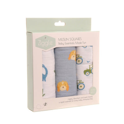 Ziggle Muslin Square 3 Pack Pastel Blue Tractor Dinosaur Muslin Cloths