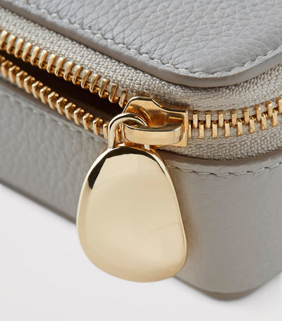 Compact Pebbled Leather Jewellery Box with Zip Fastening and Compartments, 5cm x 9cm x 10cm